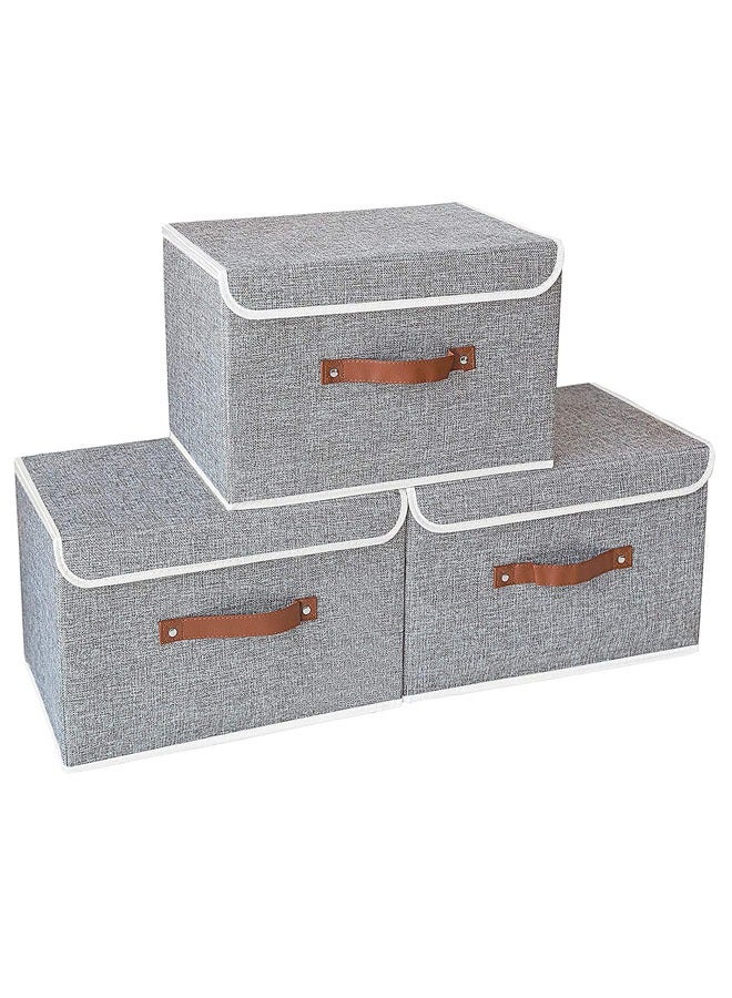 Denzoz Storage Bins with Lids 3 Pack, Collapsible Storage Box with Handle, for Organizing Toys, Clothes, Office, 38x25x25cm, Grey - Image 1