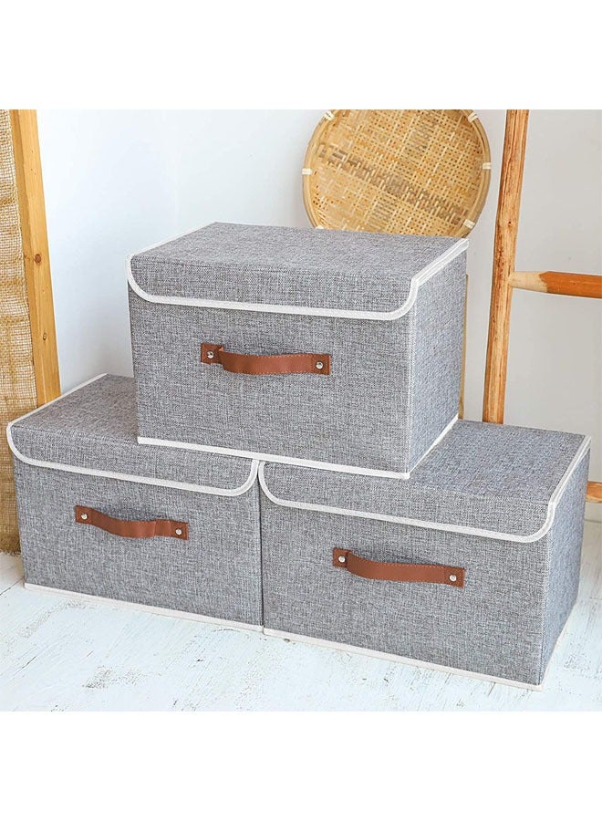 Denzoz Storage Bins with Lids 3 Pack, Collapsible Storage Box with Handle, for Organizing Toys, Clothes, Office, 38x25x25cm, Grey - Image 3