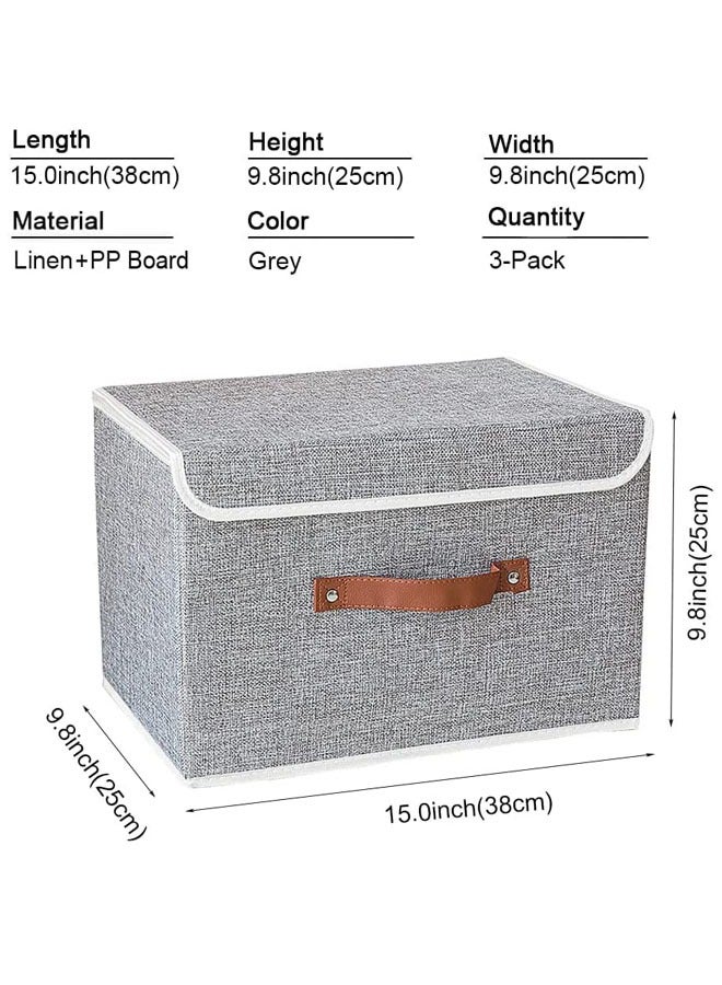 Denzoz Storage Bins with Lids 3 Pack, Collapsible Storage Box with Handle, for Organizing Toys, Clothes, Office, 38x25x25cm, Grey - Image 2