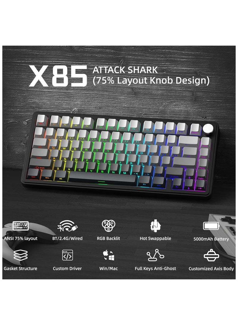 هجوم القرش ATTACK SHARK X85 Gasket Mechanical Keyboard with Knob, 75% Wireless Gaming Keyboard with Five Layers Padding, BT5.0/2.4G/USB-C, RGB, Hot-Swappable, PBT Keycaps (Black)  - Image 2