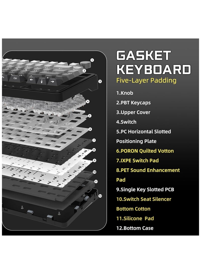 هجوم القرش ATTACK SHARK X85 Gasket Mechanical Keyboard with Knob, 75% Wireless Gaming Keyboard with Five Layers Padding, BT5.0/2.4G/USB-C, RGB, Hot-Swappable, PBT Keycaps (Black)  - Image 4