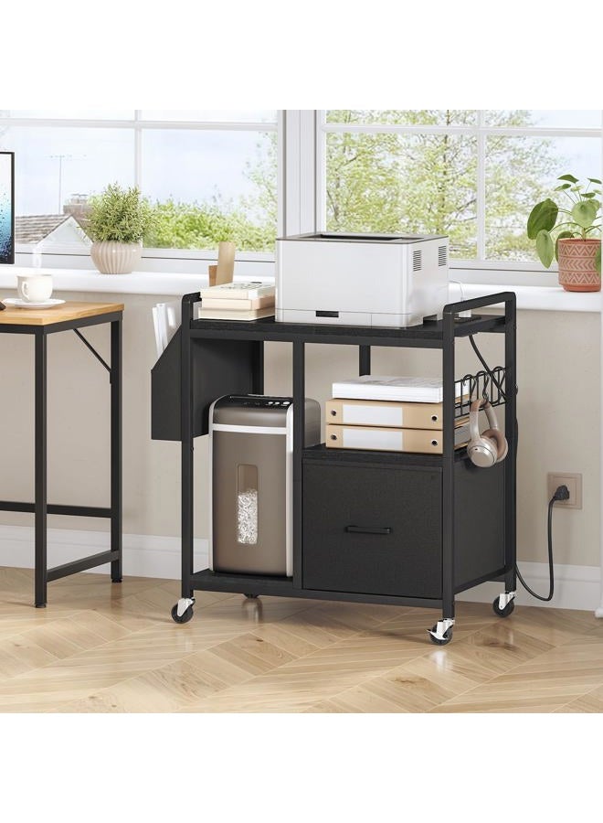 HOOBRO Printer Stand with Charging Station, Printer Shredder Stand with Wheels and File Drawer, Industrial Printer Cart, Mobile Table with Fabric Storage Pouch, for Home Office, Black BB09UPS01 - Image 2