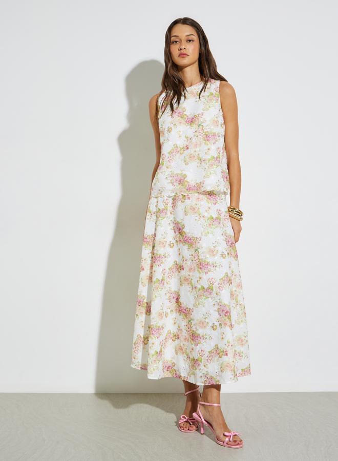 Styli White Floral print Midi Skirt with Schiffli Embroidery - Image 1
