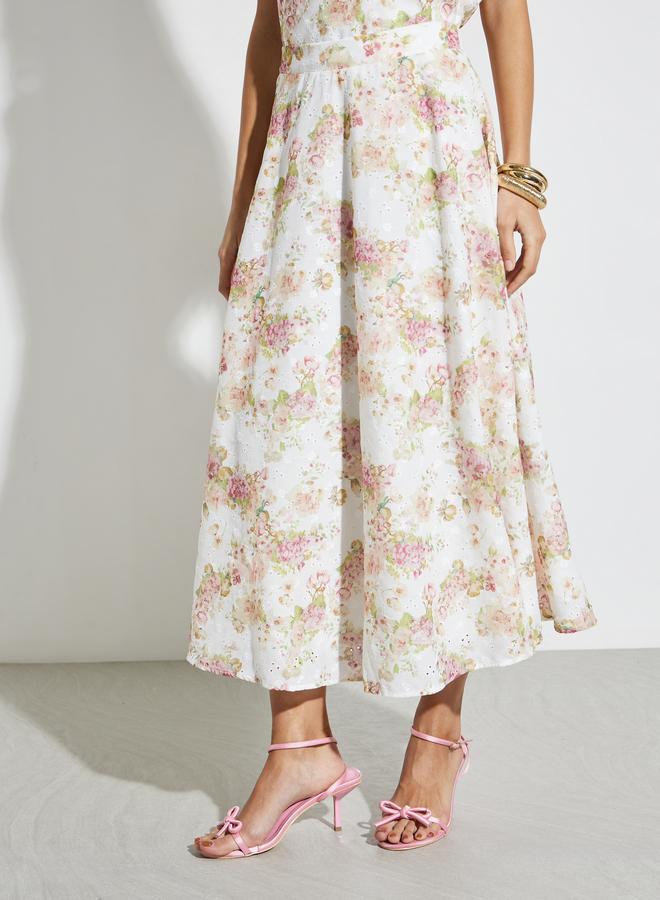Styli White Floral print Midi Skirt with Schiffli Embroidery - Image 2