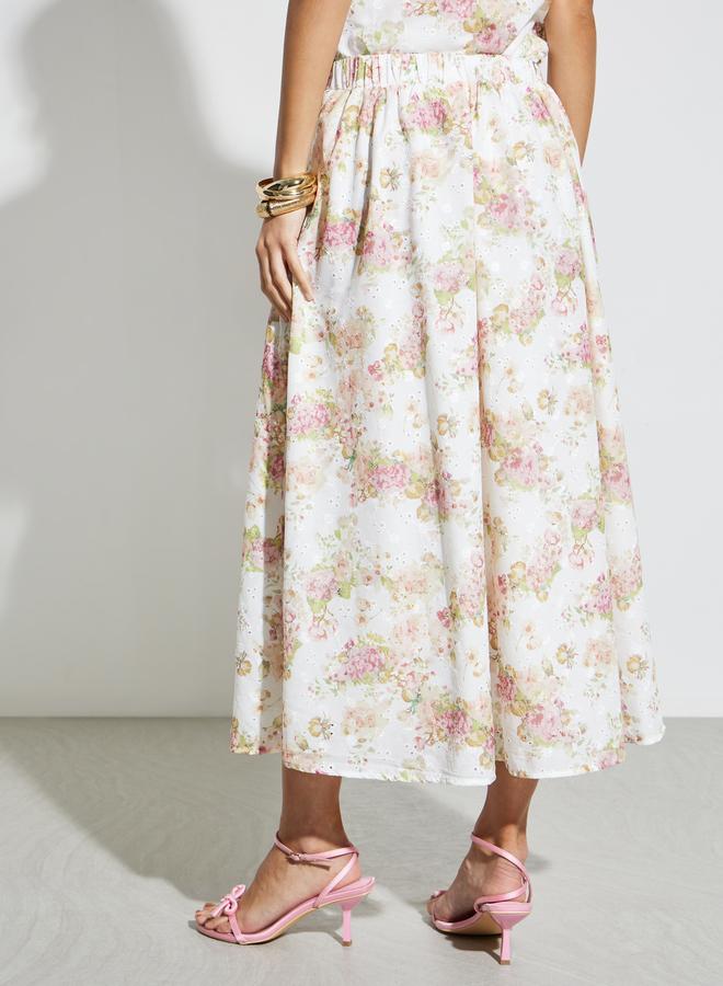 Styli White Floral print Midi Skirt with Schiffli Embroidery - Image 4
