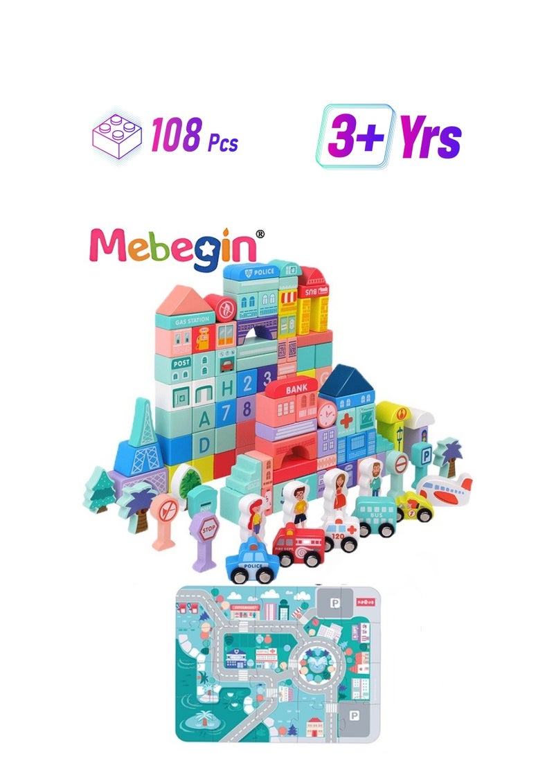 MEBEGIN Wooden Building Blocks Toys Set , 108pcs Macaron Color City Construction Stacking Toys Preschool Educational Toys , Toddler Toys For 36+ Month Old Boy And Girl Gifts  - Image 1
