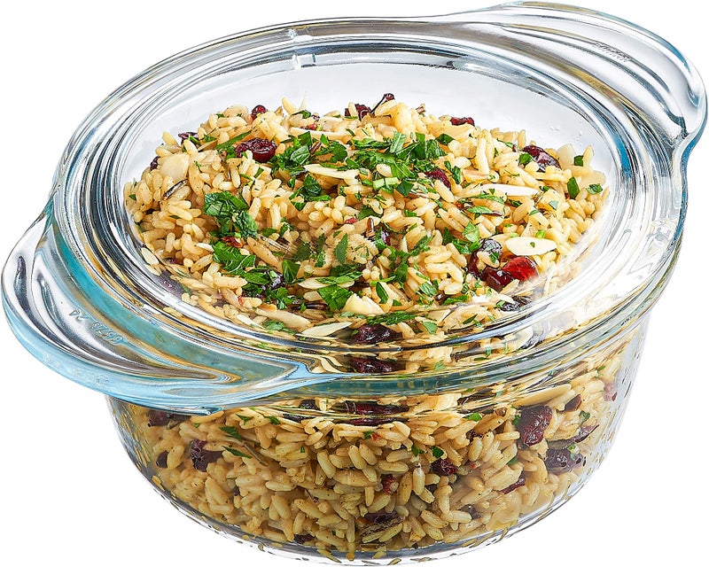 Glass Casserole Dish by Simax Clear Glass Round Casserole Dish with Lid and Handles Covered Bowl for Cooking Baking Serving etc Microwave Dishwasher Oven and Stove Safe Cookware 175 Quart