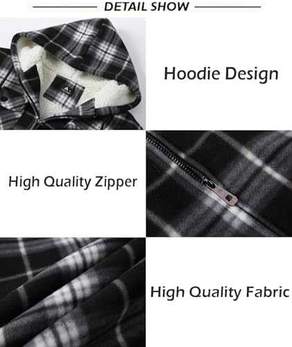 SCODI Men's Flannel Shirt Jacket Fleece Sherpa Lined Plaid Jackets Coat Full Zip Up Hoodie Winter Outwear Black White Medium - Image 5