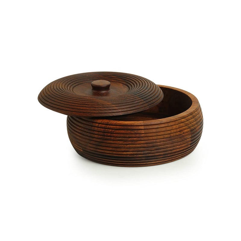 ExclusiveLane 'Ripples of Wood' Handcrafted Wooden Chapati Box With Lid in Sheesham Wood - Roti Box for Kitchen, Casserole - Image 2