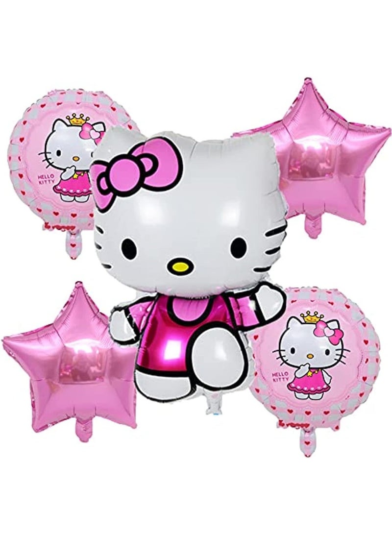 Hello Kitty Birthday Balloons Set – 5 Pieces Foil Balloons, Pink Stars & Hello Kitty Shapes for Girls Party Decoration - Image 1
