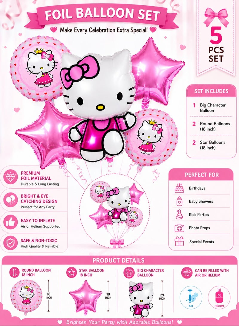 Hello Kitty Birthday Balloons Set – 5 Pieces Foil Balloons, Pink Stars & Hello Kitty Shapes for Girls Party Decoration - Image 4