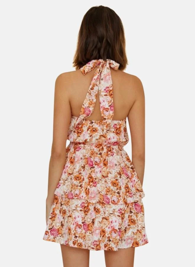 يونيكي Off White Floral Printed Halter Neck A-Line Mini Dress