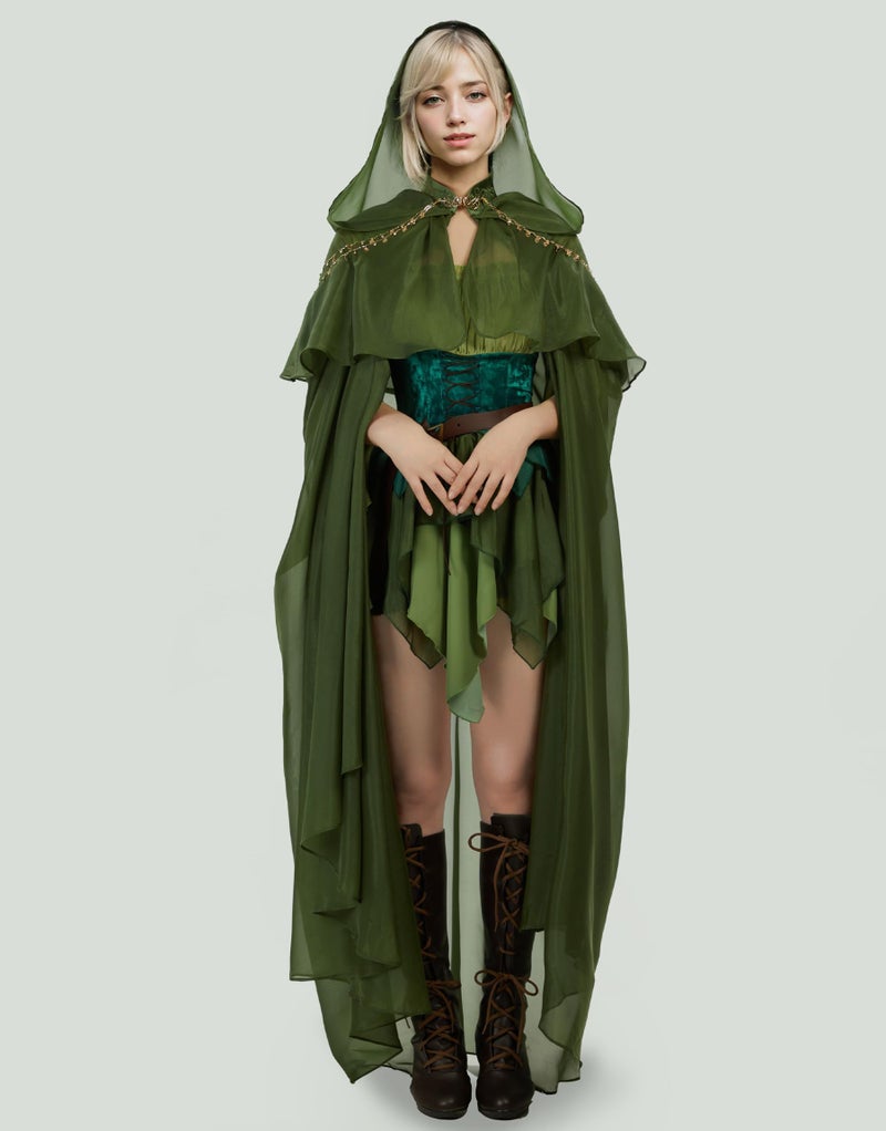 miccostumes Women's Chiffon Cloak Medieval Princess Elf Costume Cape with Hooded Halloween (green, LXL) - Image 2