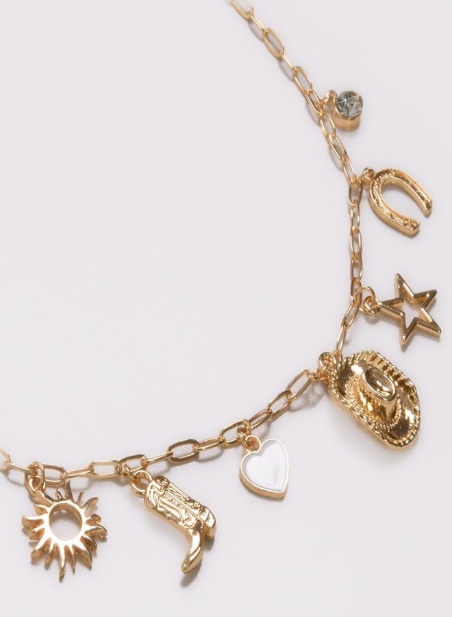 هامبل شيك نيويورك قلادة ساحرة ذهبية اللون للنساء - قلادة رعاة البقر الغربية للنساء، مجوهرات ريفية عصرية مع قبعة راعية بقر، حذاء رعاة البقر، قلب، تعليقات بوهيمية، سلسلة مميزة بمشبك ورق ذهبي اللون - Image 3