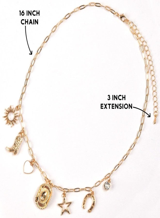 هامبل شيك نيويورك قلادة ساحرة ذهبية اللون للنساء - قلادة رعاة البقر الغربية للنساء، مجوهرات ريفية عصرية مع قبعة راعية بقر، حذاء رعاة البقر، قلب، تعليقات بوهيمية، سلسلة مميزة بمشبك ورق ذهبي اللون - Image 4