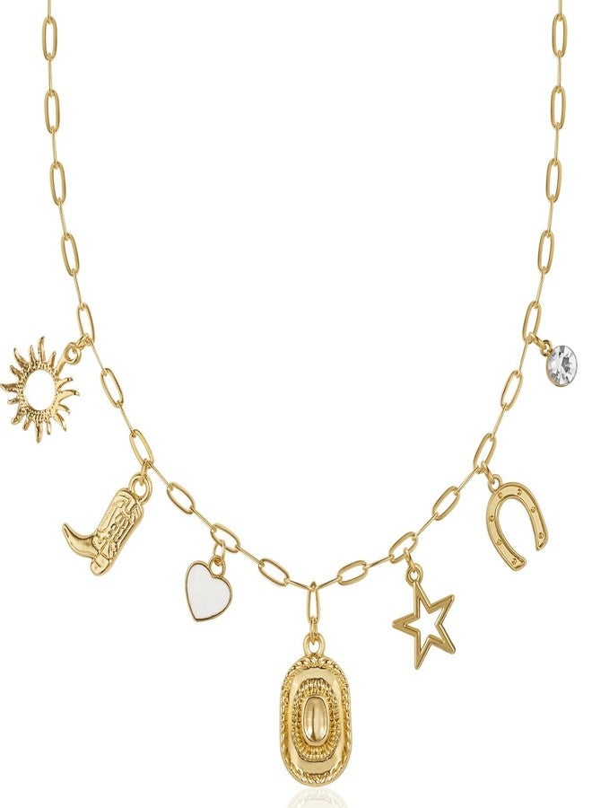 هامبل شيك نيويورك قلادة ساحرة ذهبية اللون للنساء - قلادة رعاة البقر الغربية للنساء، مجوهرات ريفية عصرية مع قبعة راعية بقر، حذاء رعاة البقر، قلب، تعليقات بوهيمية، سلسلة مميزة بمشبك ورق ذهبي اللون - Image 1