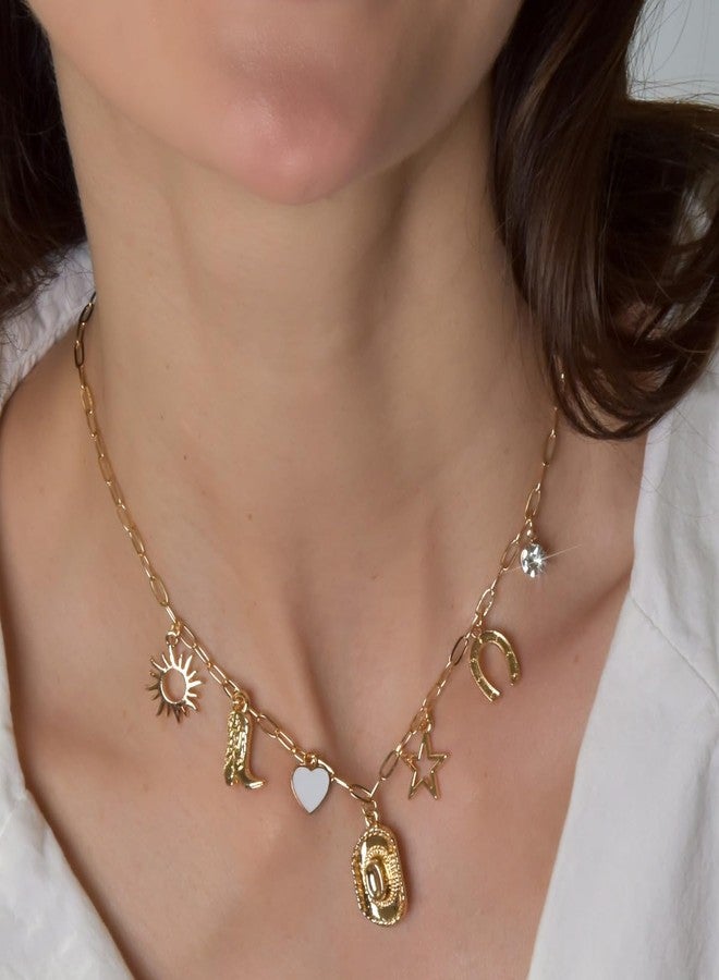 هامبل شيك نيويورك قلادة ساحرة ذهبية اللون للنساء - قلادة رعاة البقر الغربية للنساء، مجوهرات ريفية عصرية مع قبعة راعية بقر، حذاء رعاة البقر، قلب، تعليقات بوهيمية، سلسلة مميزة بمشبك ورق ذهبي اللون - Image 5