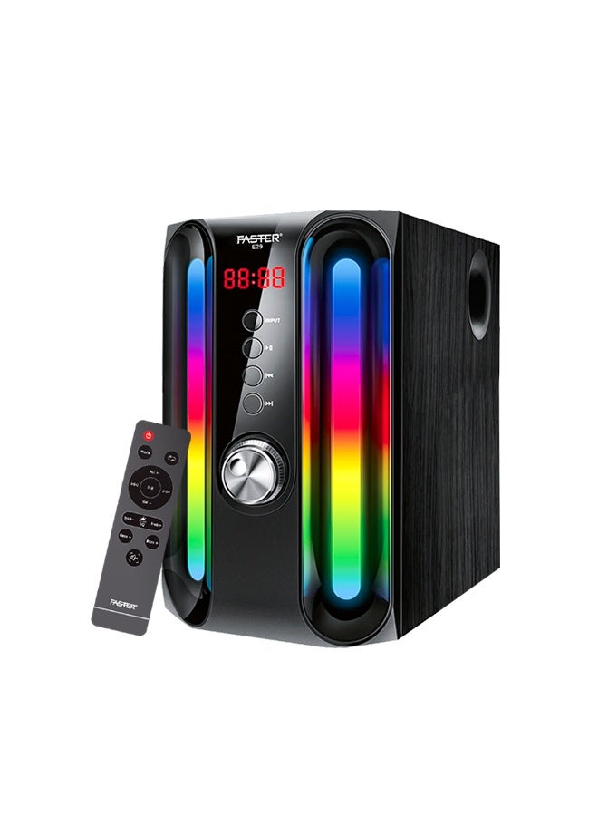 Faster E29 2.1 Wired Channel Speaker System, 45W Subwoofer with 2 Speakers, Bluetooth 5.4, RGB Lights, Remote Control, USB/SD/AUX/FM – Home Theater & Multimedia - Image 3