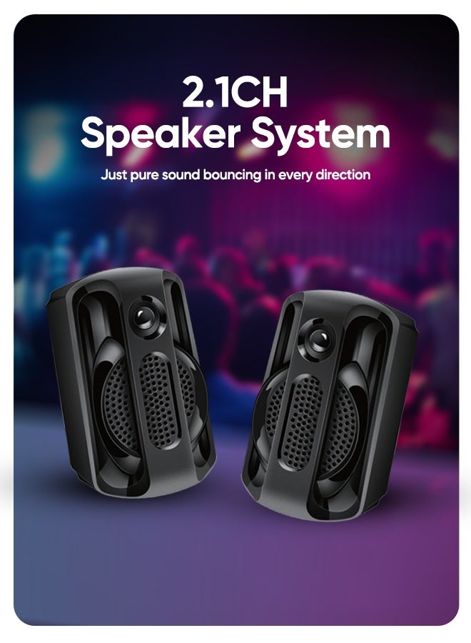 Faster E29 2.1 Wired Channel Speaker System, 45W Subwoofer with 2 Speakers, Bluetooth 5.4, RGB Lights, Remote Control, USB/SD/AUX/FM – Home Theater & Multimedia - Image 4