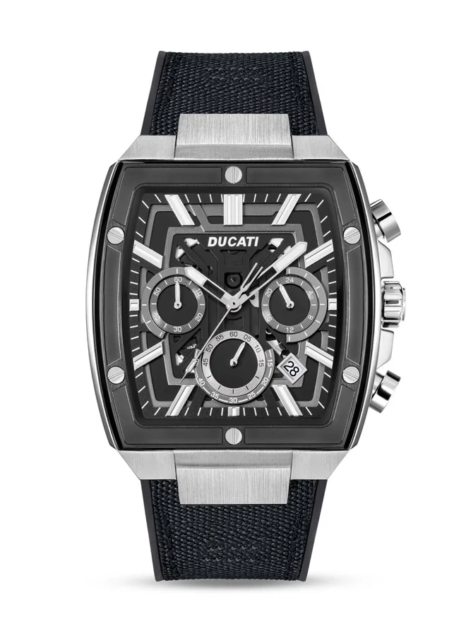 دوكاتي DT005 Men's 40mm Chronograph Watch with Black Dial and Silver Accents & Leather Silicone Strap