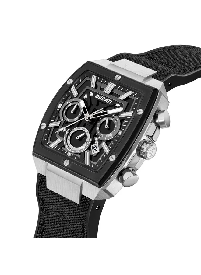 دوكاتي DT005 Men's 40mm Chronograph Watch with Black Dial and Silver Accents & Leather Silicone Strap