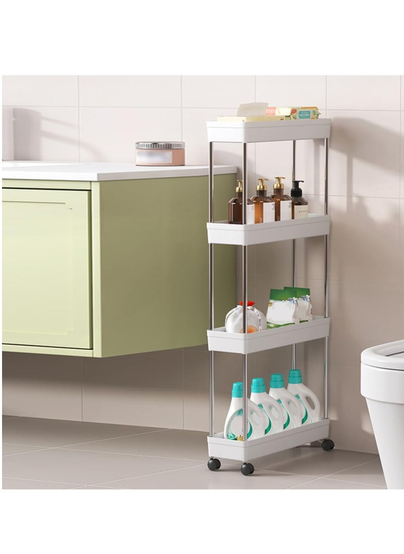 spa luxetique - Slim Rolling Storage Cart 4 Tier Bathroom Organizer Mobile Shelving Unit Utility Cart Tower Rack for Kitchen Laundry Narrow Places, White - Image 1