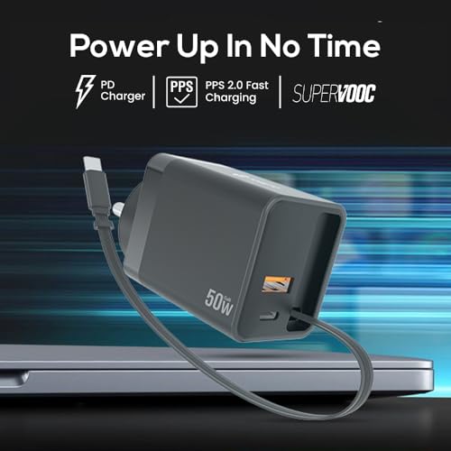 Toreto Velo Flex 50W Fast Charger with Retractable Attached Type-C Cable | PD + PPS 2.0 | SuperVOOC Support | Dual Output Wall Charger for Smartphones & Tablets - Image 3