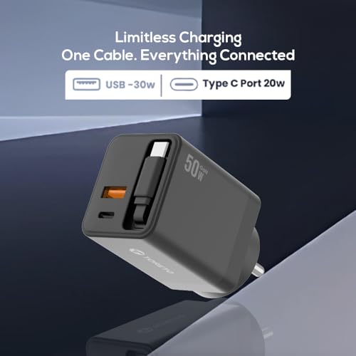 Toreto Velo Flex 50W Fast Charger with Retractable Attached Type-C Cable | PD + PPS 2.0 | SuperVOOC Support | Dual Output Wall Charger for Smartphones & Tablets - Image 5