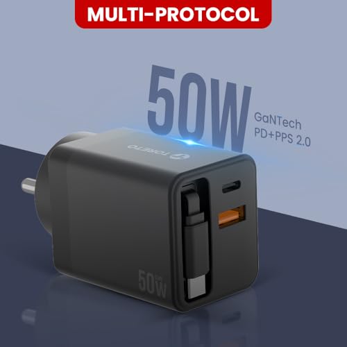 Toreto Velo Flex 50W Fast Charger with Retractable Attached Type-C Cable | PD + PPS 2.0 | SuperVOOC Support | Dual Output Wall Charger for Smartphones & Tablets - Image 2