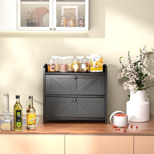 TQQDCI Bread Box for Kitchen Countertop, Double Layer Wooden Breadbox, Large Capacity Bread Storage Bin, Homemade Bread Storage Container, Farmhouse Breadbox Organizer, Black - Image 3