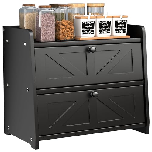 TQQDCI Bread Box for Kitchen Countertop, Double Layer Wooden Breadbox, Large Capacity Bread Storage Bin, Homemade Bread Storage Container, Farmhouse Breadbox Organizer, Black - Image 1