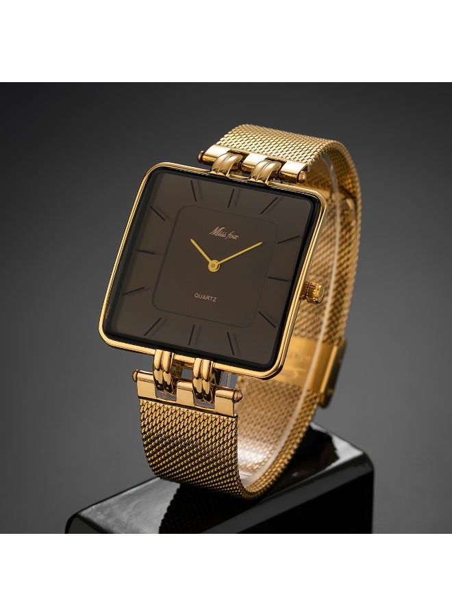 MISSFOX Fashion Trendy Men's Minimalist Square Stainless Steel Mesh Strap Golden Color Watch