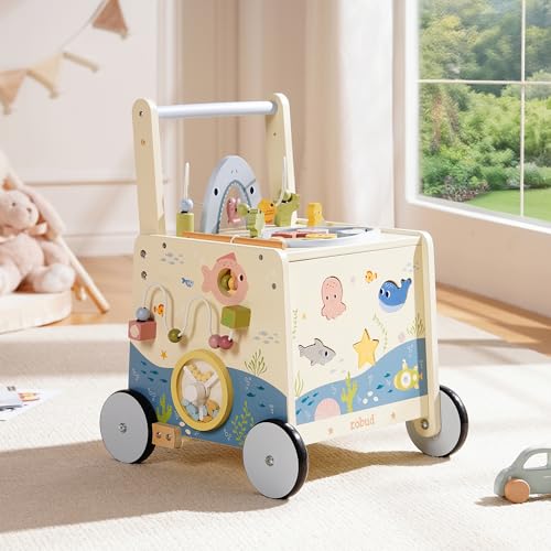 ROBUD Wooden Baby Push Walker Marine Theme Learning Walking Toys Adjustable Height Baby Walker with Decelerator Montessori Toys for Baby Age 10 Months WRP23 - Image 5