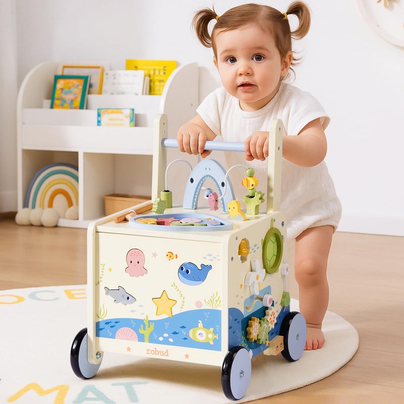ROBUD Wooden Baby Push Walker Marine Theme Learning Walking Toys Adjustable Height Baby Walker with Decelerator Montessori Toys for Baby Age 10 Months WRP23 - Image 3