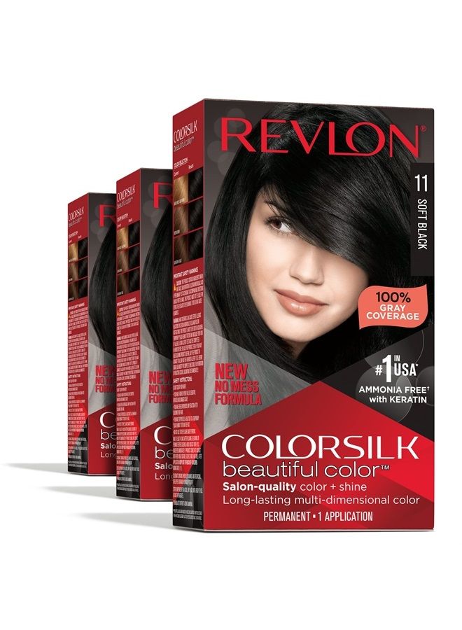 Revlon صبغة شعر ريفلون الدائمة، صبغة شعر دائمة، كولورسيلك مع تغطية 100% للشيب، خالية من الأمونيا، كيراتين وأحماض أمينية، 11 أسود ناعم، 4.4 أونصة (عبوة من 3)