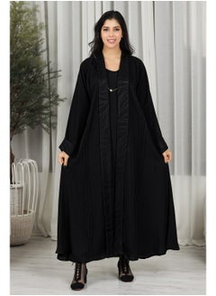 Black abaya featuring floral fabric at the collar and sleeves