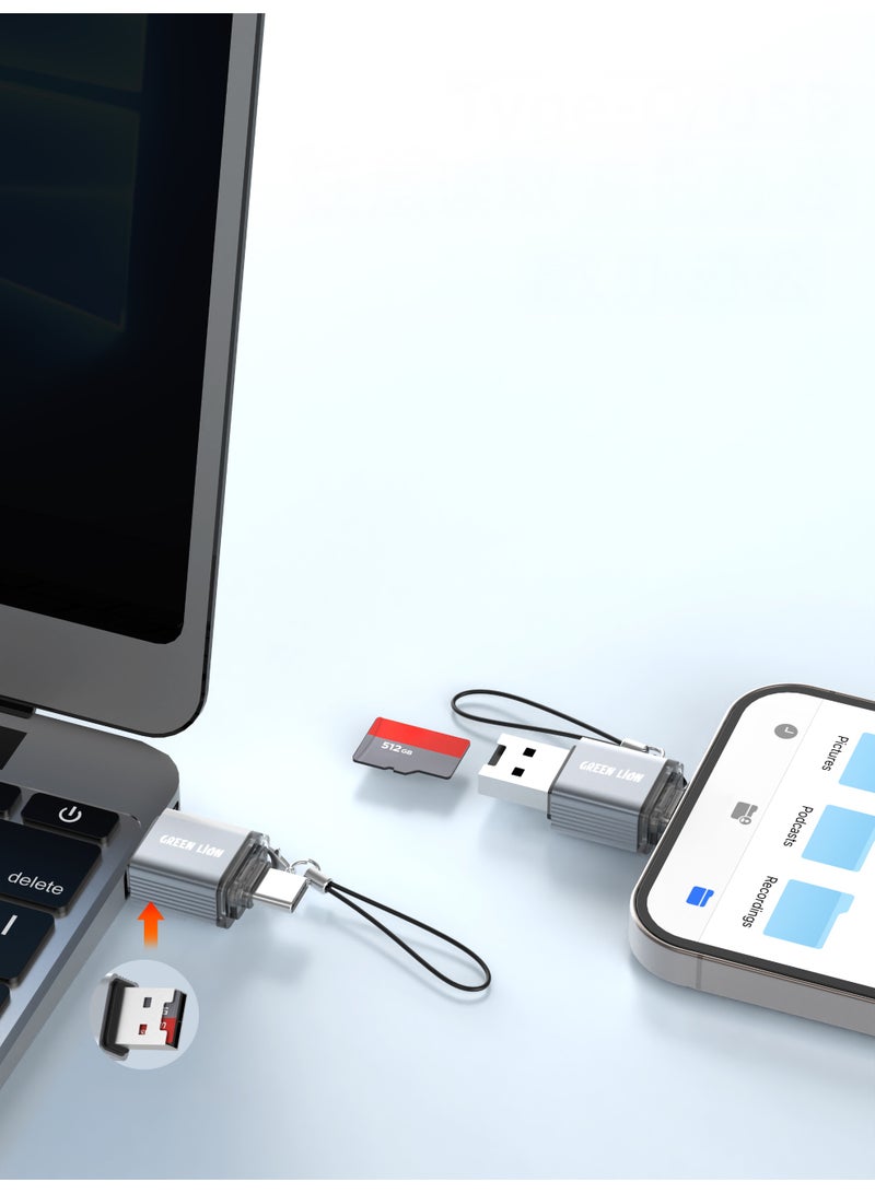 GREEN LION 2 in 1 Card Reader - Micro SD Cards with 480Mbps Transfer Speed & Wide Compatibility / USB-A & USB-C Interface / Keychain Lanyard / Plug & Play / Aluminum Alloy / TF Cards Up to 2TB Supported - Grey - Image 4