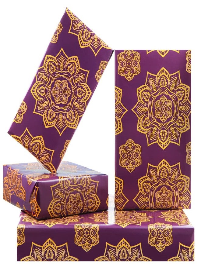 Boerni Happy Eid Mubarak Purple Flower Diwali Gift Wrapping Paper Set of 4 Sheets, Folded Flat 20x28 inches per sheet For Kids Islam Ramadan Holiday Party Celebration Decorations - Image 1