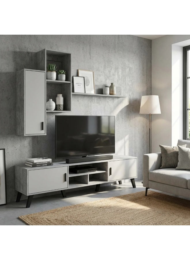 Baity Wooden TV stand with wall shelves, 180 cm - gray and white - Image 1