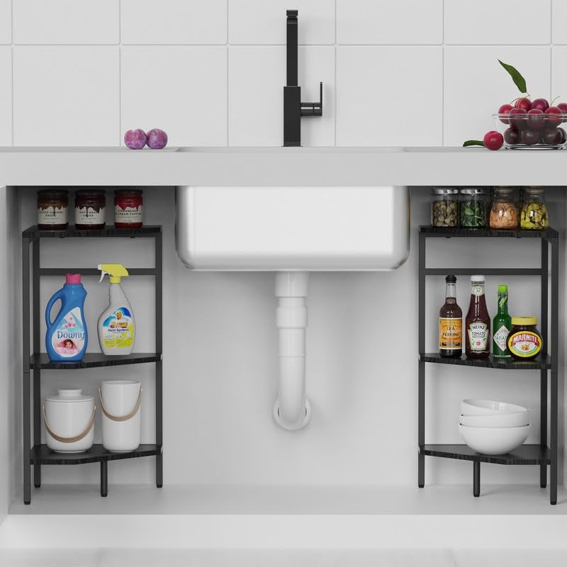CADUKE Under Pedestal Sink Shelf, 2 Pack Under Sink Organizers and Storage, 3-Tier Pedestal Under Sink Storage Bathroom Vanity, Corner Shelf Stand for Bathroom, Kitchen, Living Room, Black - Image 3