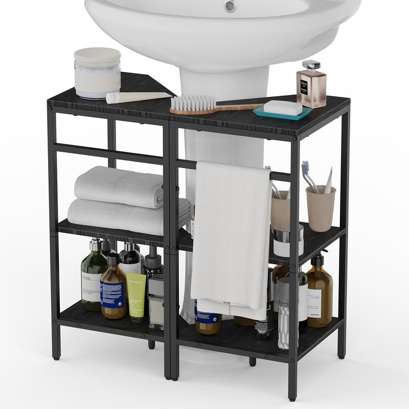 CADUKE Under Pedestal Sink Shelf, 2 Pack Under Sink Organizers and Storage, 3-Tier Pedestal Under Sink Storage Bathroom Vanity, Corner Shelf Stand for Bathroom, Kitchen, Living Room, Black - Image 1