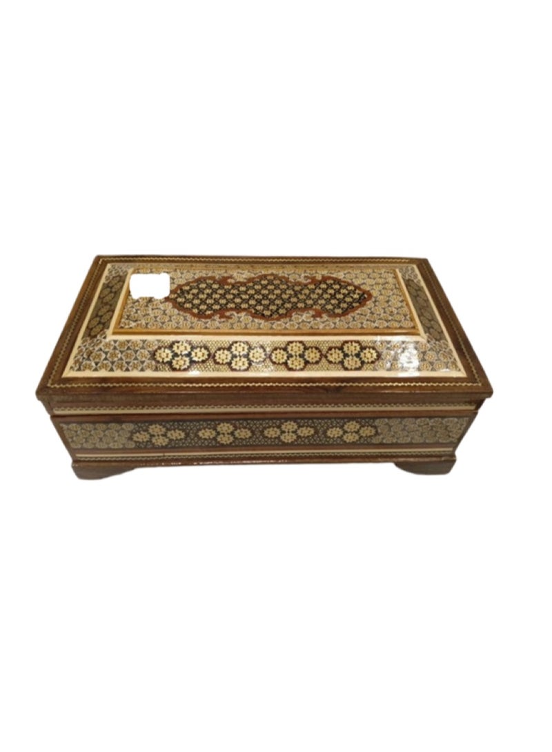 Antique Wooden Tissue Box, Ornate Inlay Design, 11 Inches