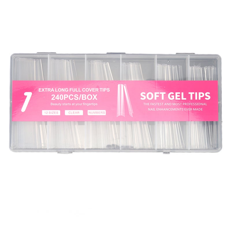Long Full Cover Nail Tips: 240Pcs ABS Material, Easy To Operate, Multi-Size Clear False Nail Tips - Diy Nail Art Friendly For Home Nail Salon, Wedding, Prom & Halloween Party - Image 1