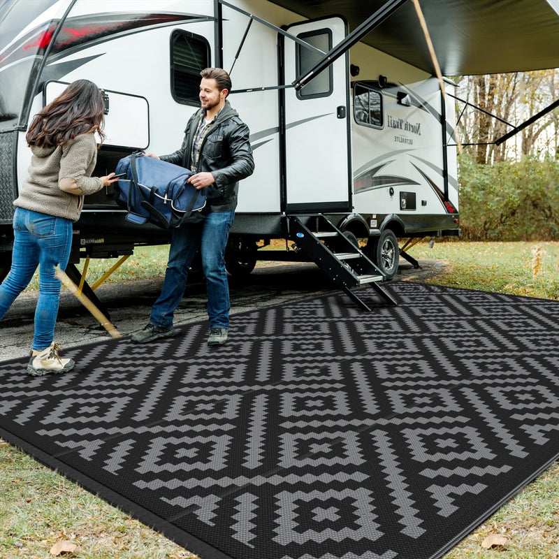 GENIMO Outdoor Rug for Patio Clearance10x14 Waterproof Large MatReversible Plastic Camping RugsRvPorchDeckCamperBalconyBackyard Black  Grey