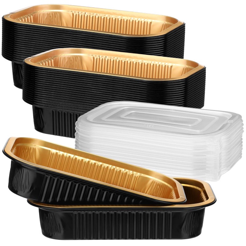 Baderke 20 Pack 50oz Aluminum Foil Pans with Lids Foil Baking Tins, 8.7"x 6" Bread Loaf Pan Disposable Cake Tins for Microwave Oven Cooking, Baking, Takeaway Food Container (Black Gold) - Image 1