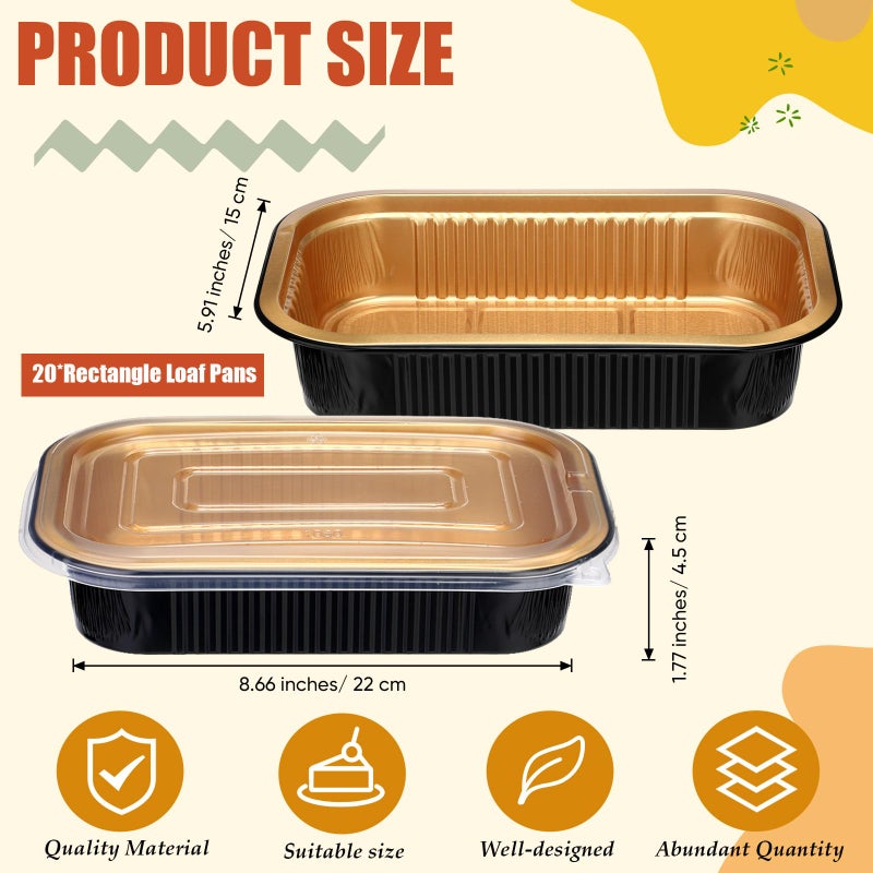 Baderke 20 Pack 50oz Aluminum Foil Pans with Lids Foil Baking Tins, 8.7"x 6" Bread Loaf Pan Disposable Cake Tins for Microwave Oven Cooking, Baking, Takeaway Food Container (Black Gold) - Image 2