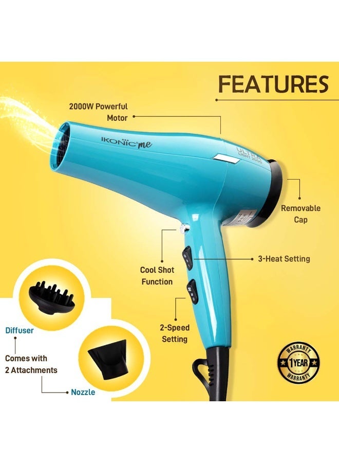 أي كونيك مجفف شعر أيكونيك ألترا لايت احترافي، لون فيروزي، 2000 واط مع موزع وفوهة – 3 إعدادات حرارة و2 سرعة، وظيفة الهواء البارد، تصميم خفيف الوزن، مناسب لجميع أنواع الشعر - Image 2