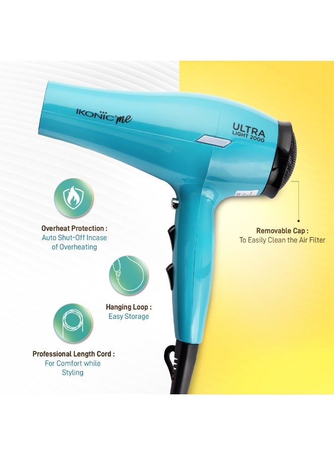أي كونيك مجفف شعر أيكونيك ألترا لايت احترافي، لون فيروزي، 2000 واط مع موزع وفوهة – 3 إعدادات حرارة و2 سرعة، وظيفة الهواء البارد، تصميم خفيف الوزن، مناسب لجميع أنواع الشعر - Image 5