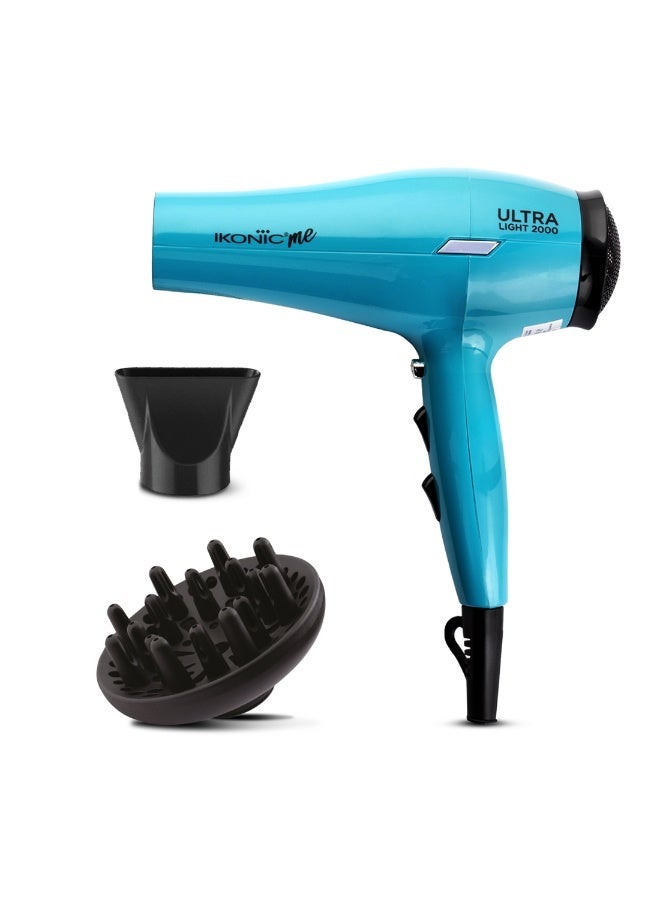 أي كونيك مجفف شعر أيكونيك ألترا لايت احترافي، لون فيروزي، 2000 واط مع موزع وفوهة – 3 إعدادات حرارة و2 سرعة، وظيفة الهواء البارد، تصميم خفيف الوزن، مناسب لجميع أنواع الشعر - Image 1