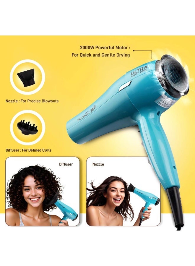 أي كونيك مجفف شعر أيكونيك ألترا لايت احترافي، لون فيروزي، 2000 واط مع موزع وفوهة – 3 إعدادات حرارة و2 سرعة، وظيفة الهواء البارد، تصميم خفيف الوزن، مناسب لجميع أنواع الشعر - Image 3